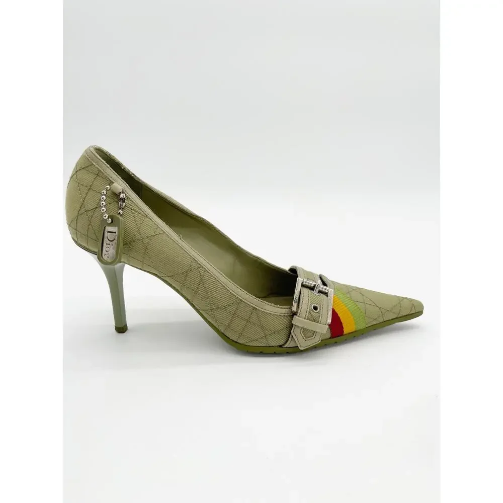 Christian Dior Vintage Green Cannage Rasta Pointed Toe Buckle Pumps Heels EU 37